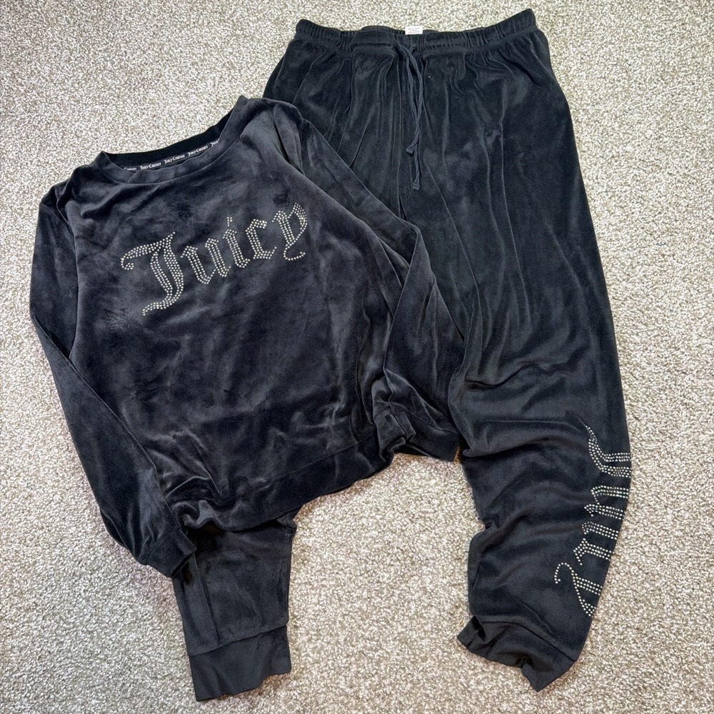 Large Juicy Couture Black Velour Set Lounge Sleepwear Style